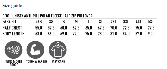 Polar Fleece Size Chart